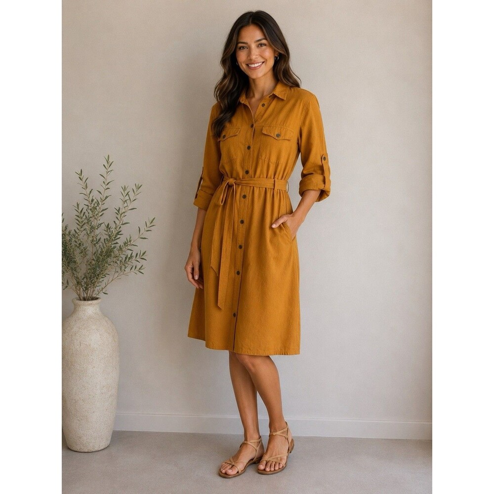 Speed Control New York Shirt Dress size Small 100% Cotton Mustard Button Dress